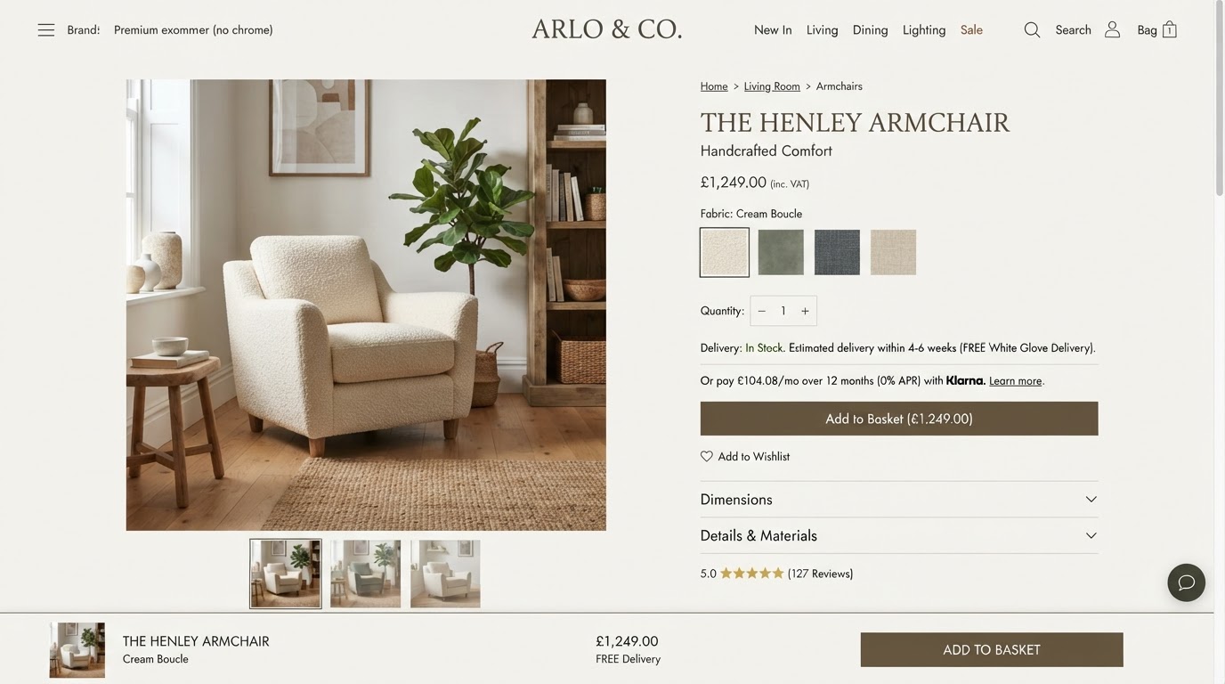Furniture product page with fabric swatches, delivery estimate and finance option