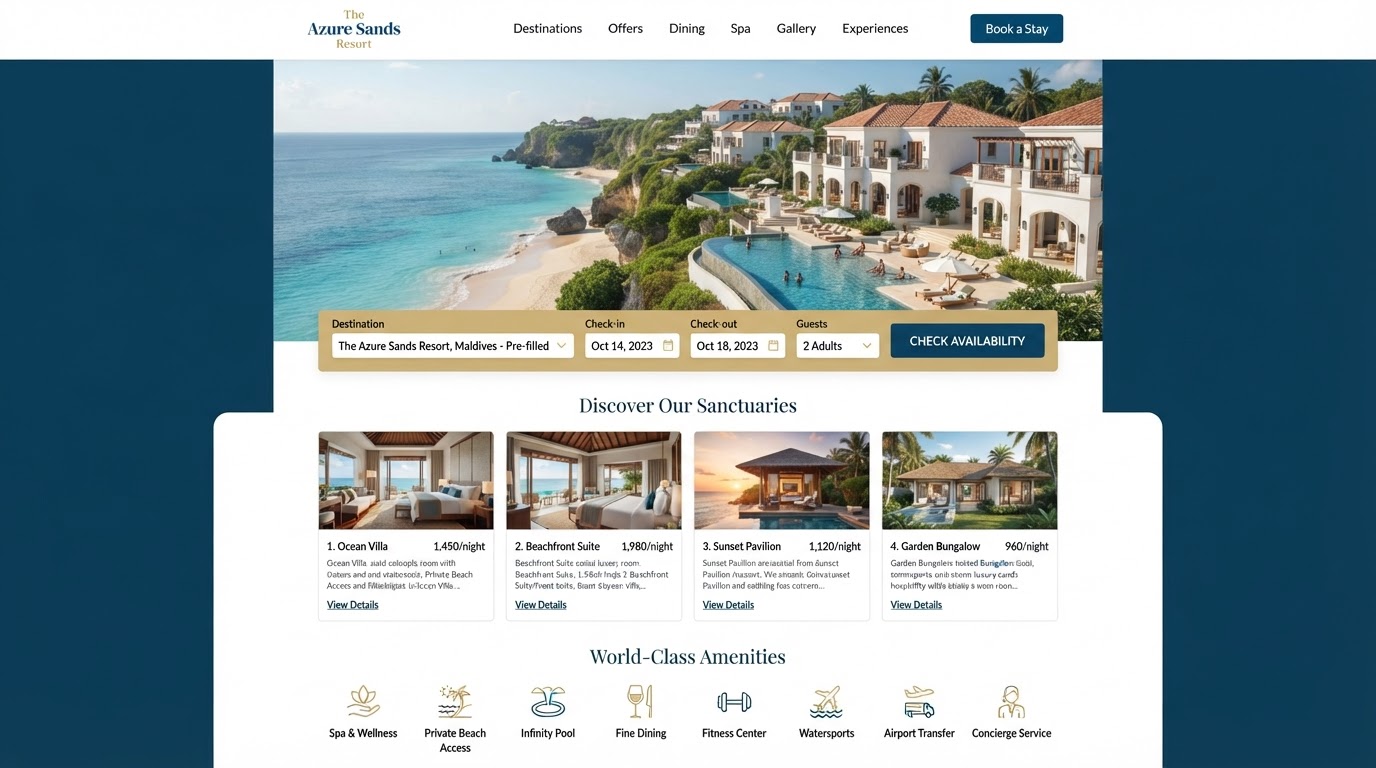 Hospitality homepage with a date-picker search bar and room type cards