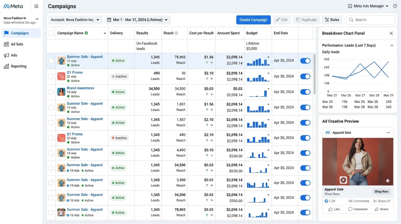 Ads manager campaign table with results, cost per result and creative preview