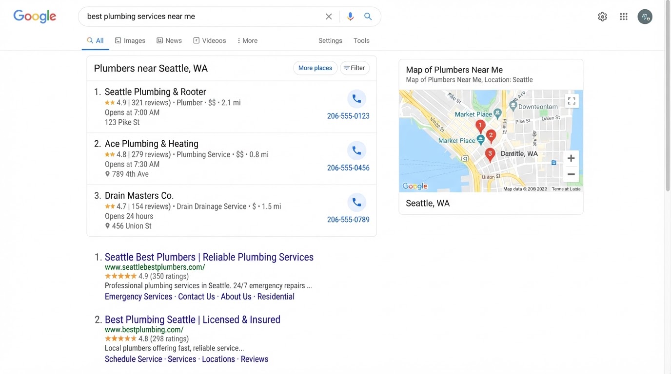 Local search results with a map pack of three businesses showing ratings, hours and call buttons