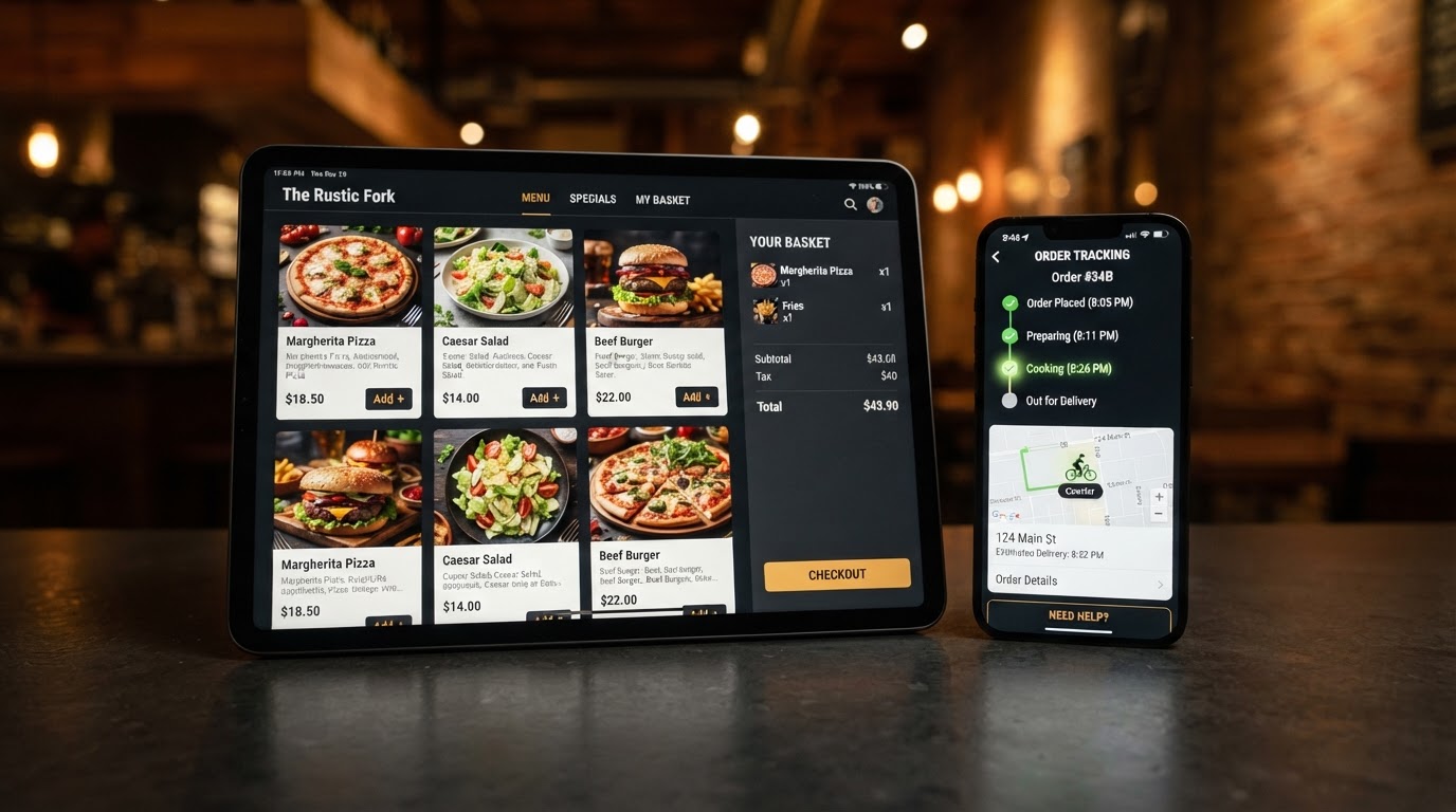 Tablet ordering interface beside a phone showing order tracking with a progress timeline