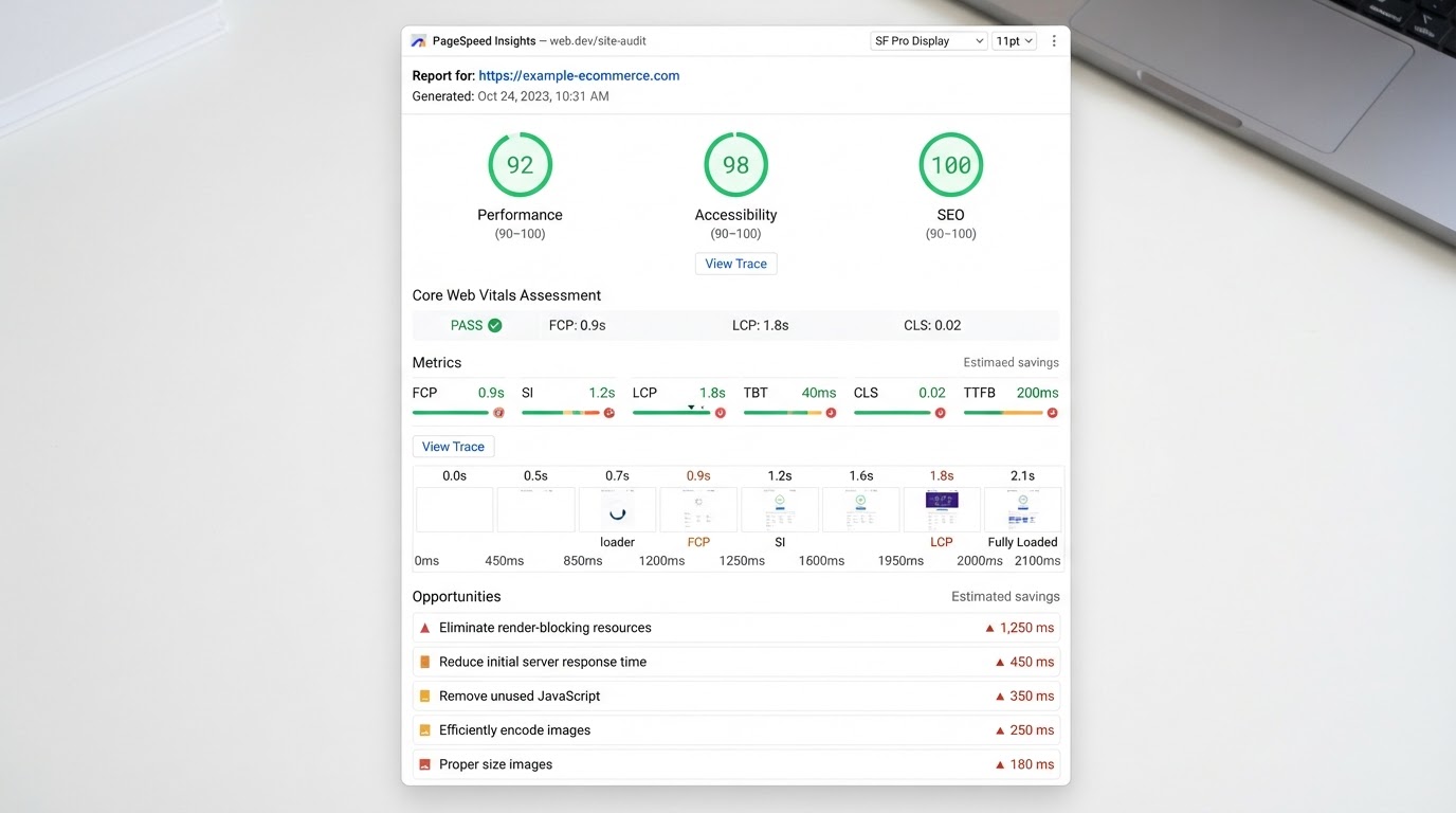 Page speed report with performance scores, render filmstrip and improvement opportunities