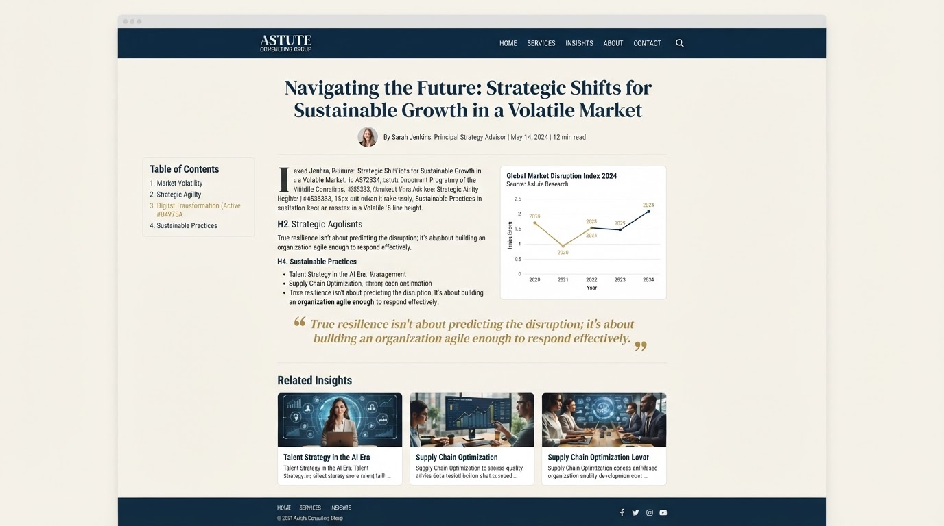 Editorial article page with a table of contents, pull quote and related articles