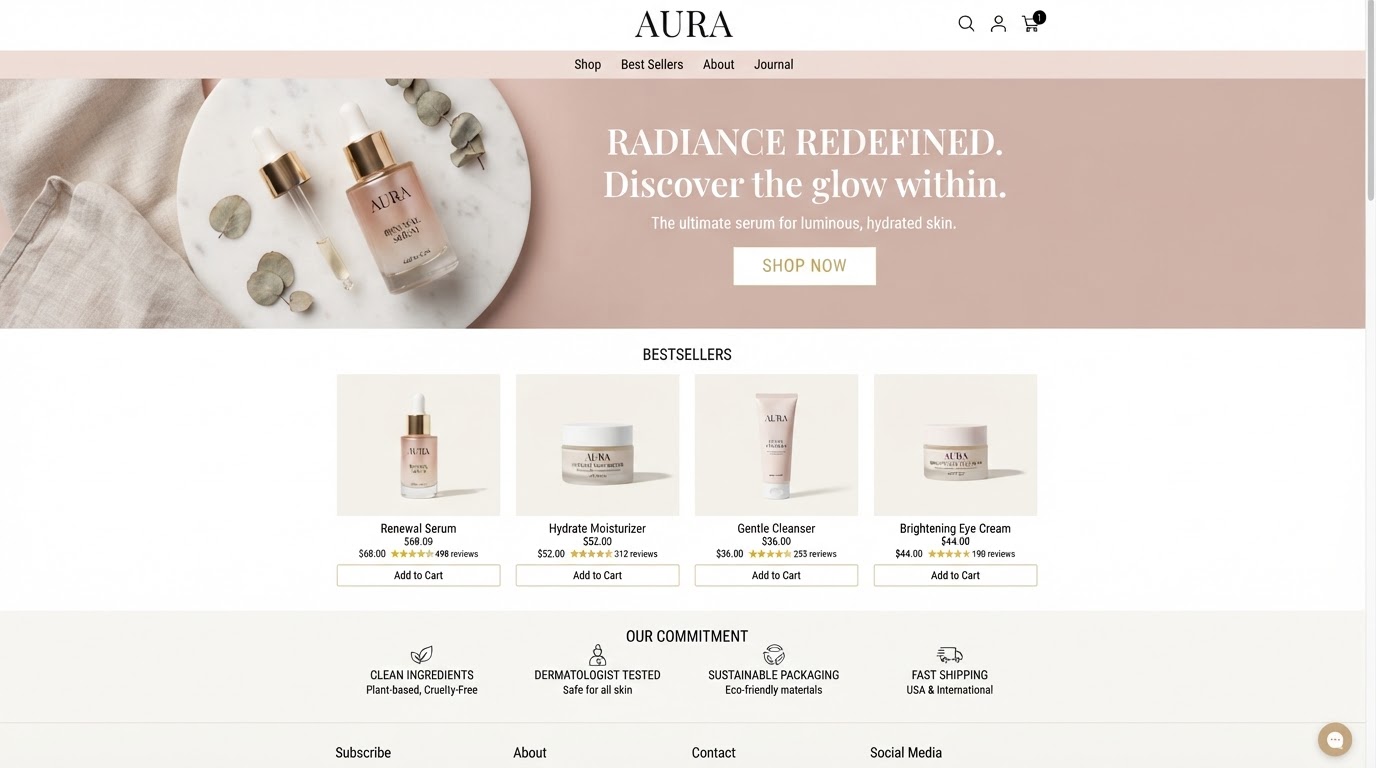Skincare ecommerce homepage with a hero banner, bestseller grid and trust bar