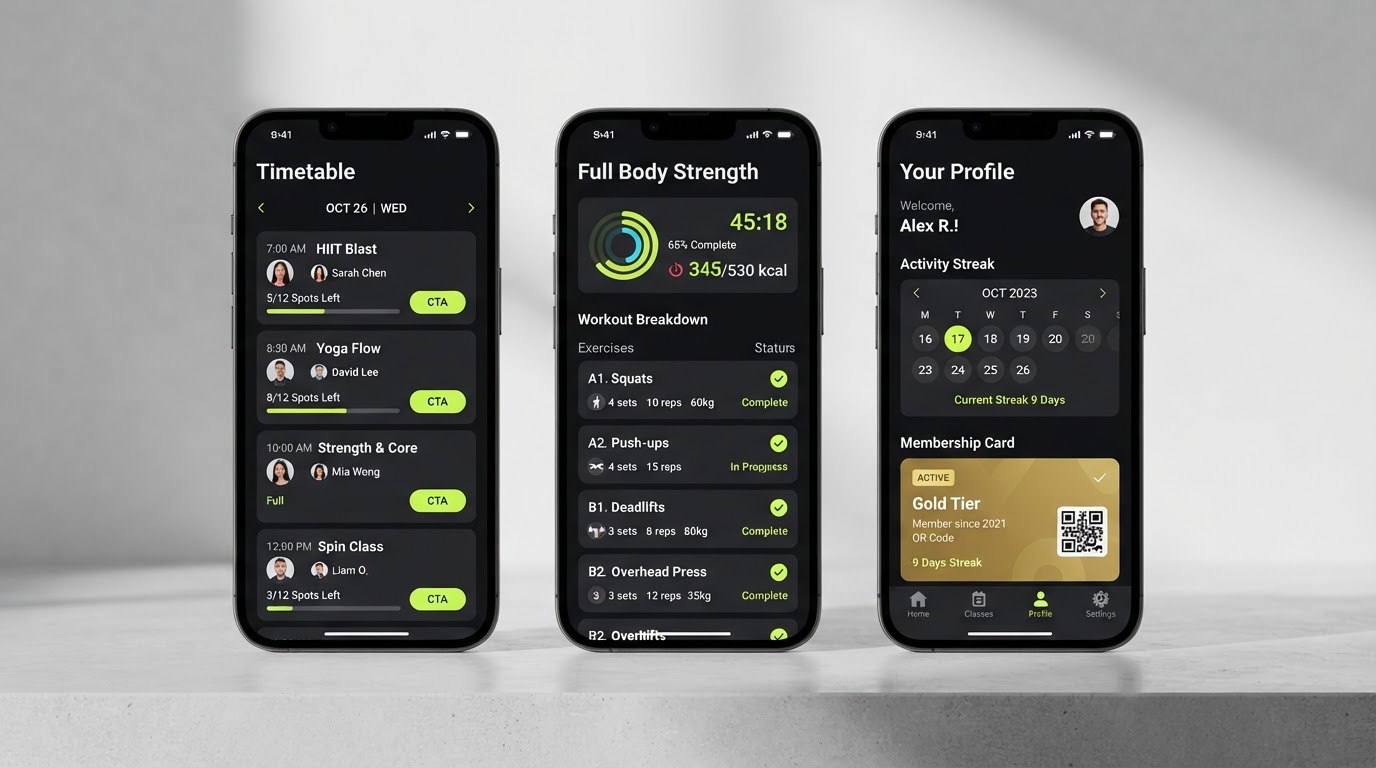 Three mobile app screens showing a class timetable, a workout session with progress ring and a member profile