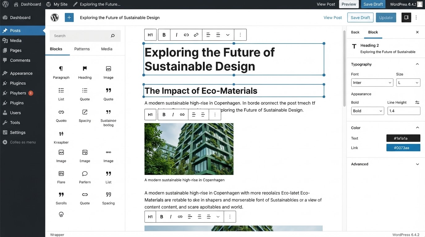 WordPress block editor with a heading block selected and block settings sidebar