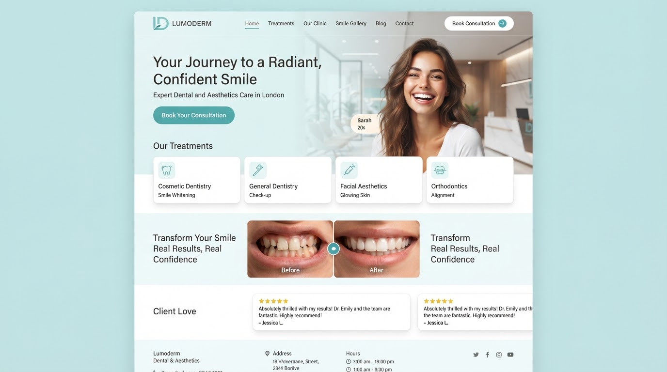 Dental clinic homepage with a treatments row, before-and-after slider and review strip