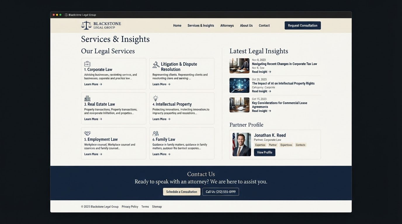 Legal firm services page with practice-area cards and a partner profile