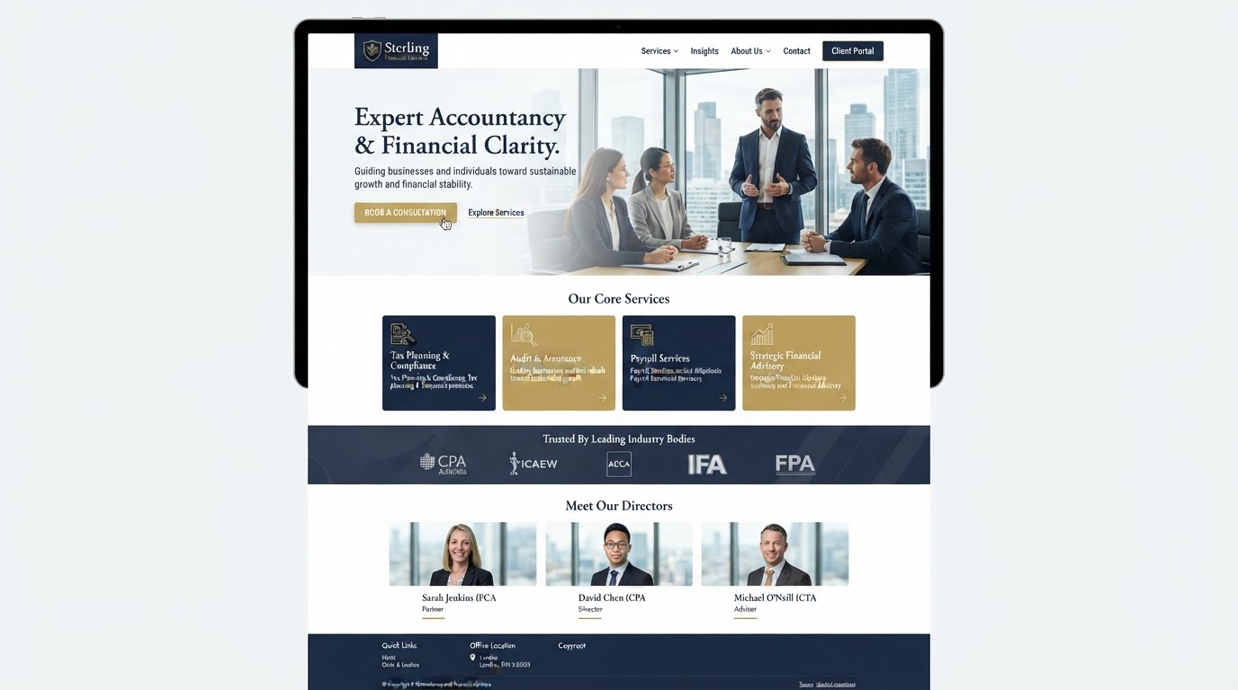 Accountancy firm homepage with a consultation booking call to action, service cards and a credentials strip
