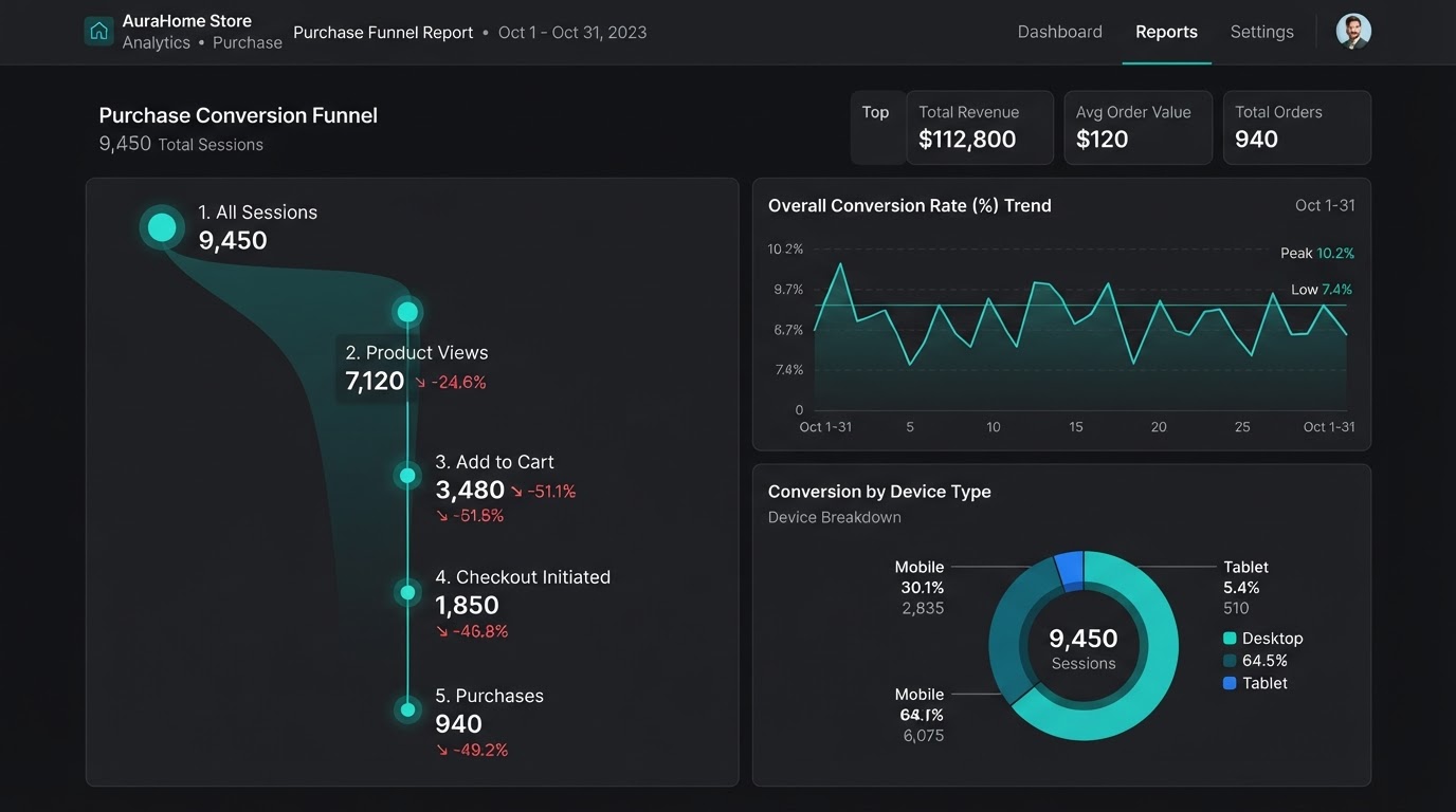 Ecommerce funnel report showing drop-off from session through to purchase