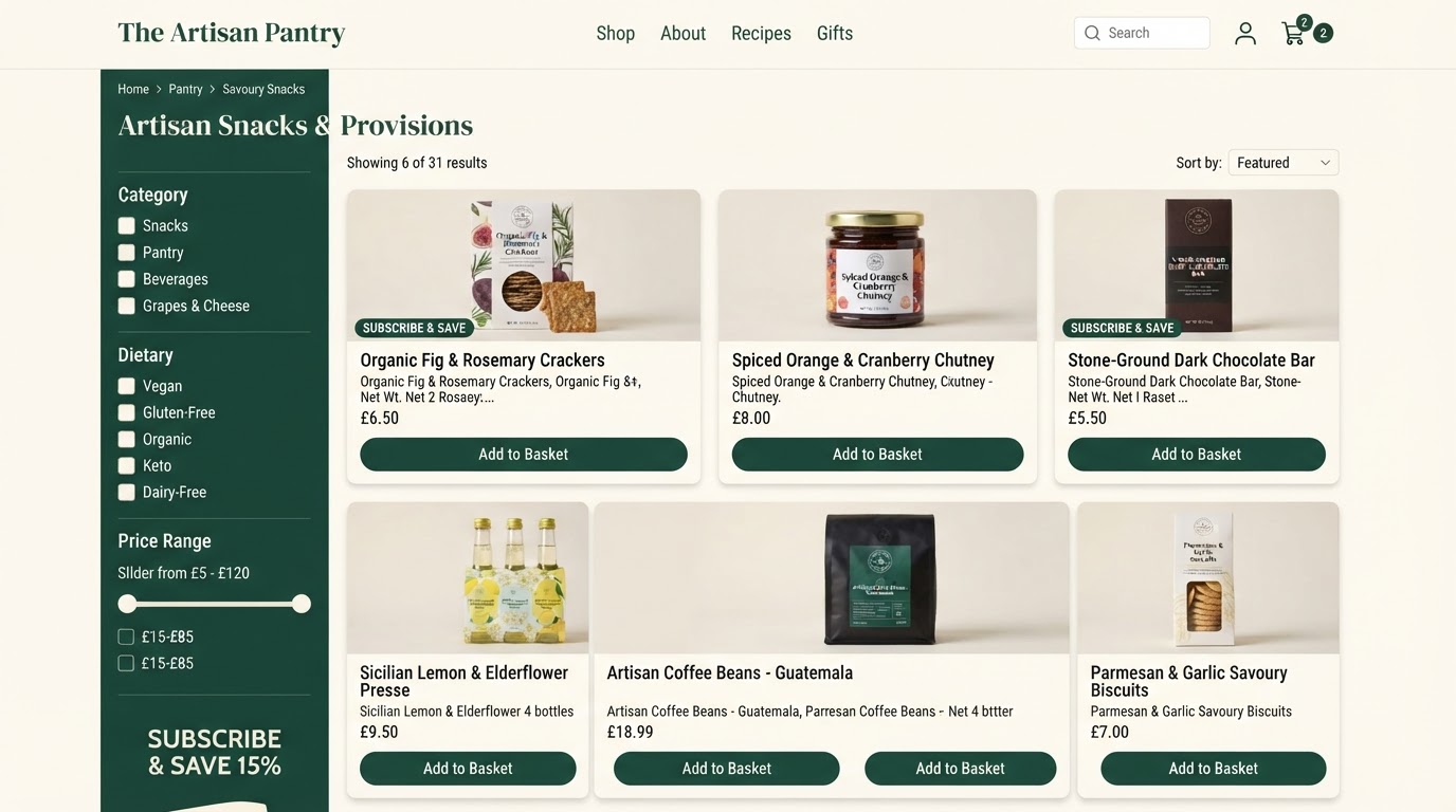 Food and drink collection page with sidebar filters and a product grid