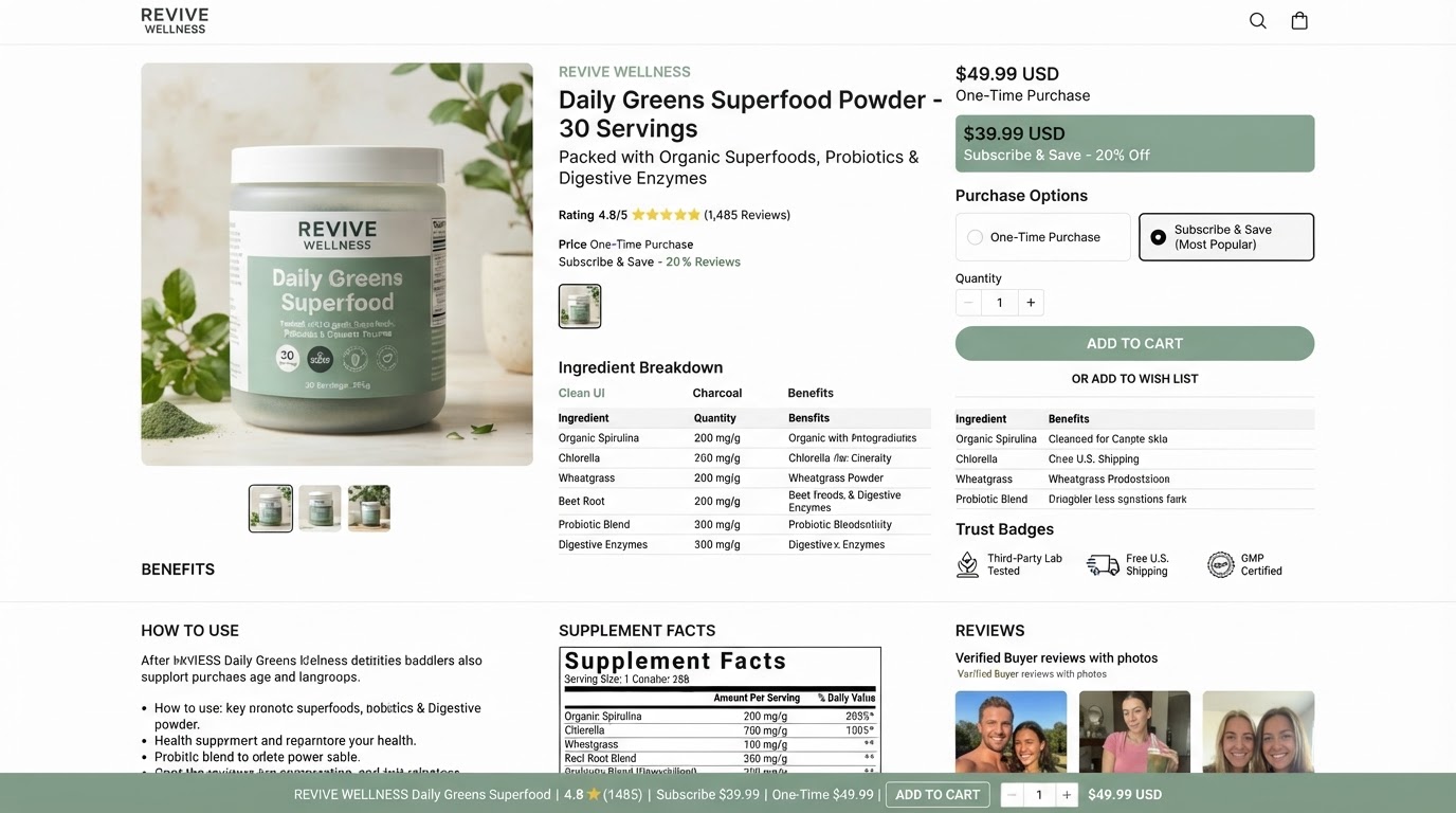 Supplements product page with a subscribe-or-buy-once toggle, ingredient table and lab-testing badges