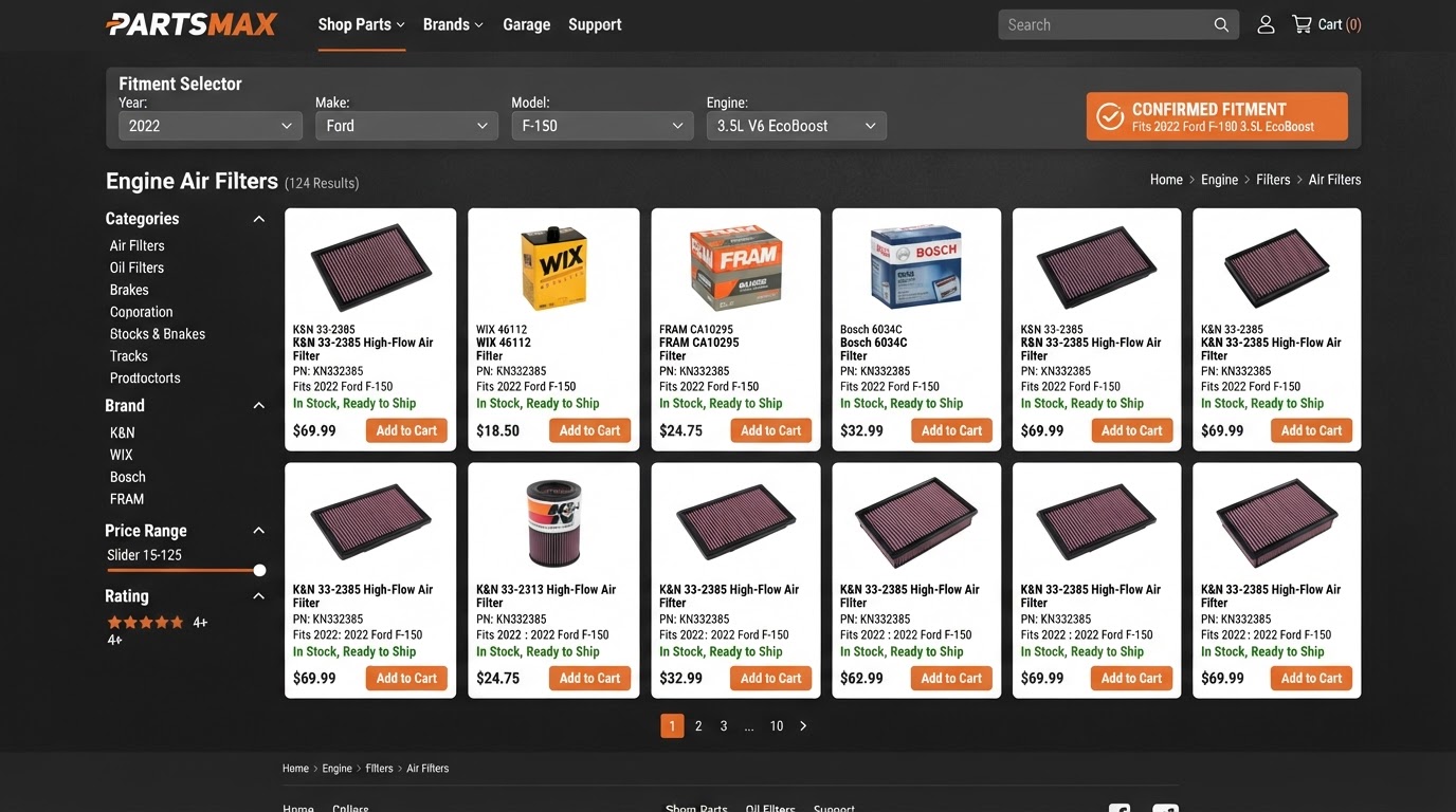 Car parts category page with a make, model and year fitment selector, stock status and part numbers