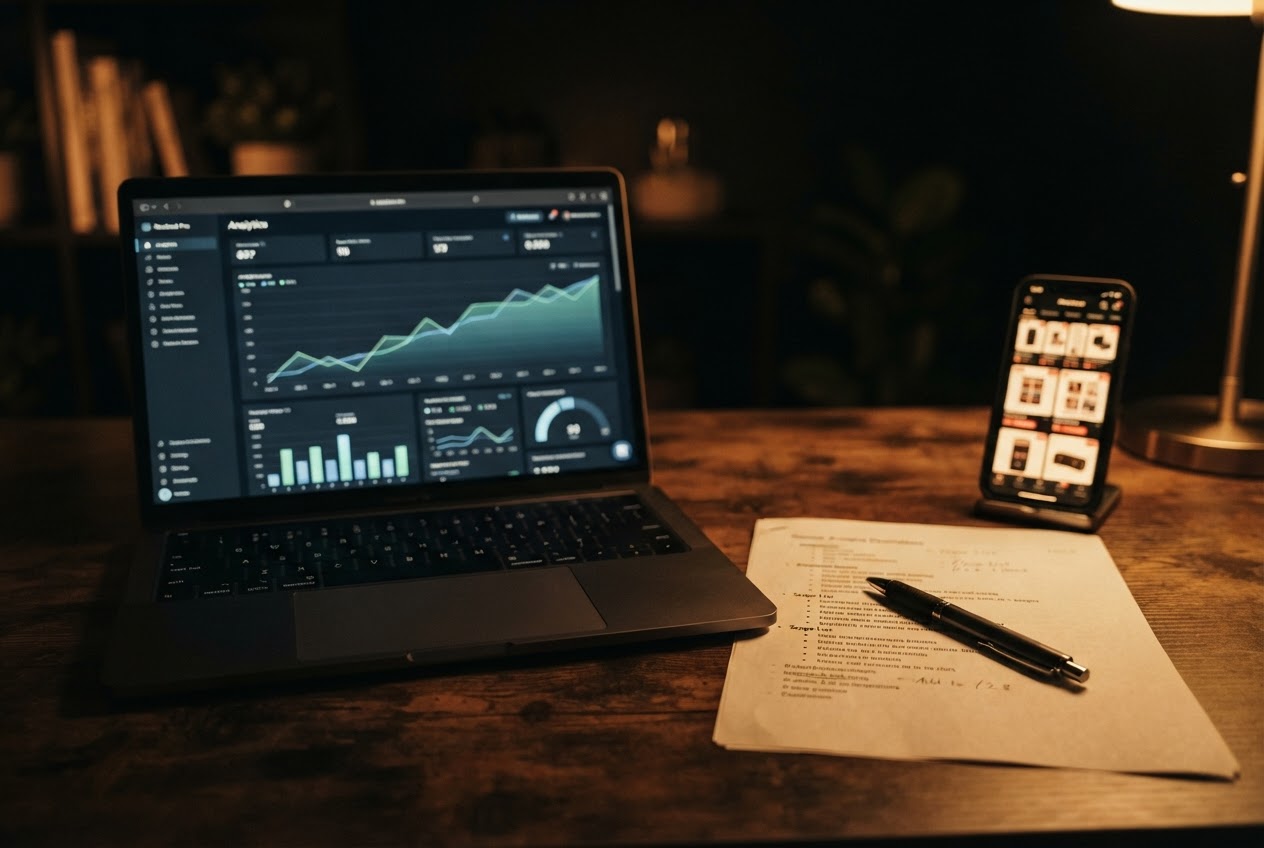 A signed-off scope document beside a laptop showing analytics and a phone showing the mobile storefront