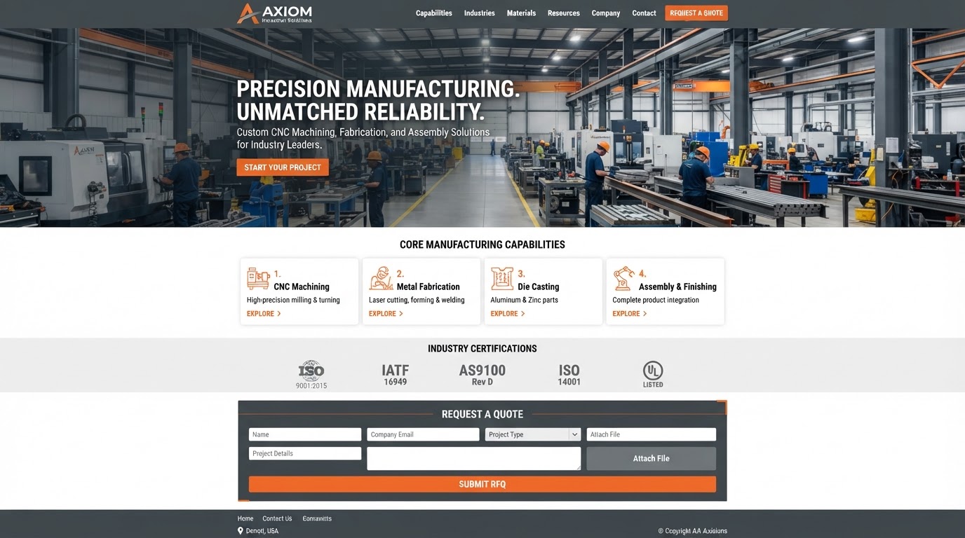 Industrial manufacturer homepage with capability cards, certifications and a quote form