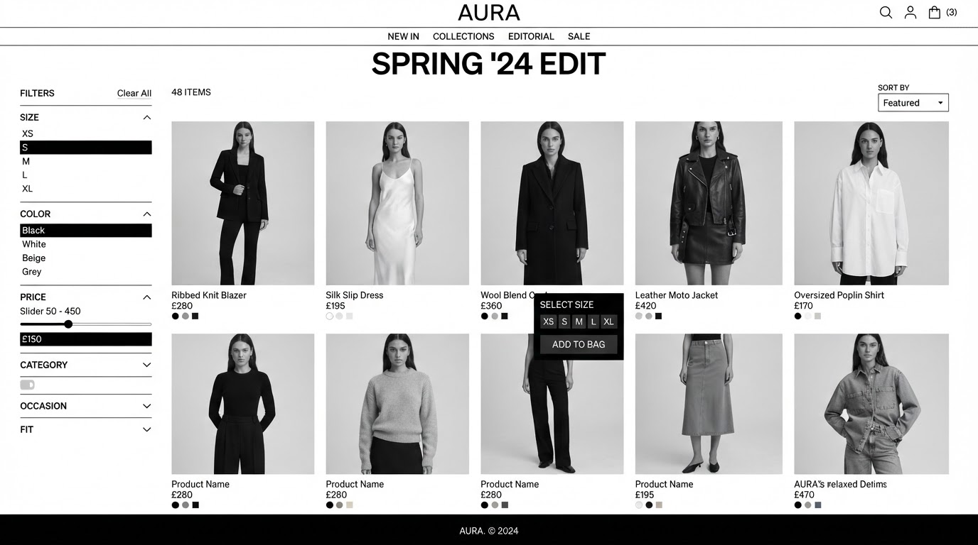 Fashion collection page with sidebar filters, product grid and a quick-add overlay