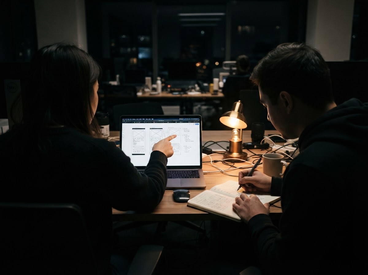 Two team members reviewing a wireframe together and writing the scope down
