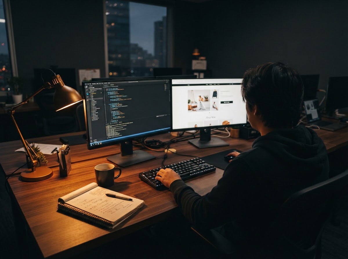 A Livin Services engineer working on a Shopify theme, with the code editor on one monitor and the storefront on the other