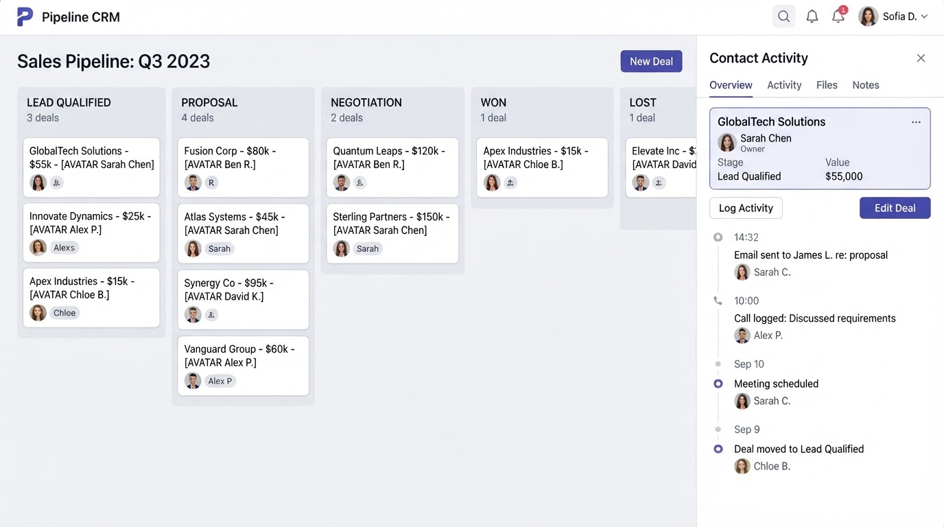 CRM pipeline board with deal cards by stage and a contact activity panel