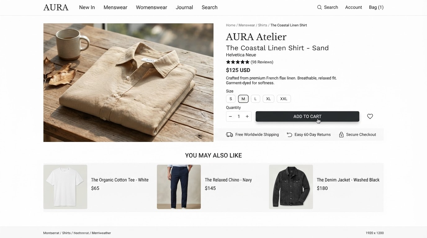 Ecommerce product page with size selector, add-to-cart button and related products