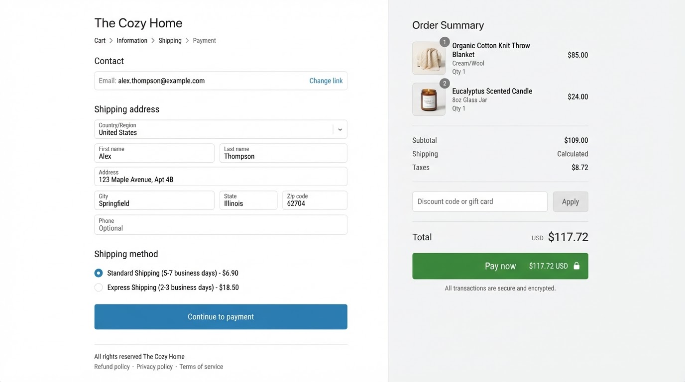 Ecommerce checkout with shipping options, order summary and discount code field