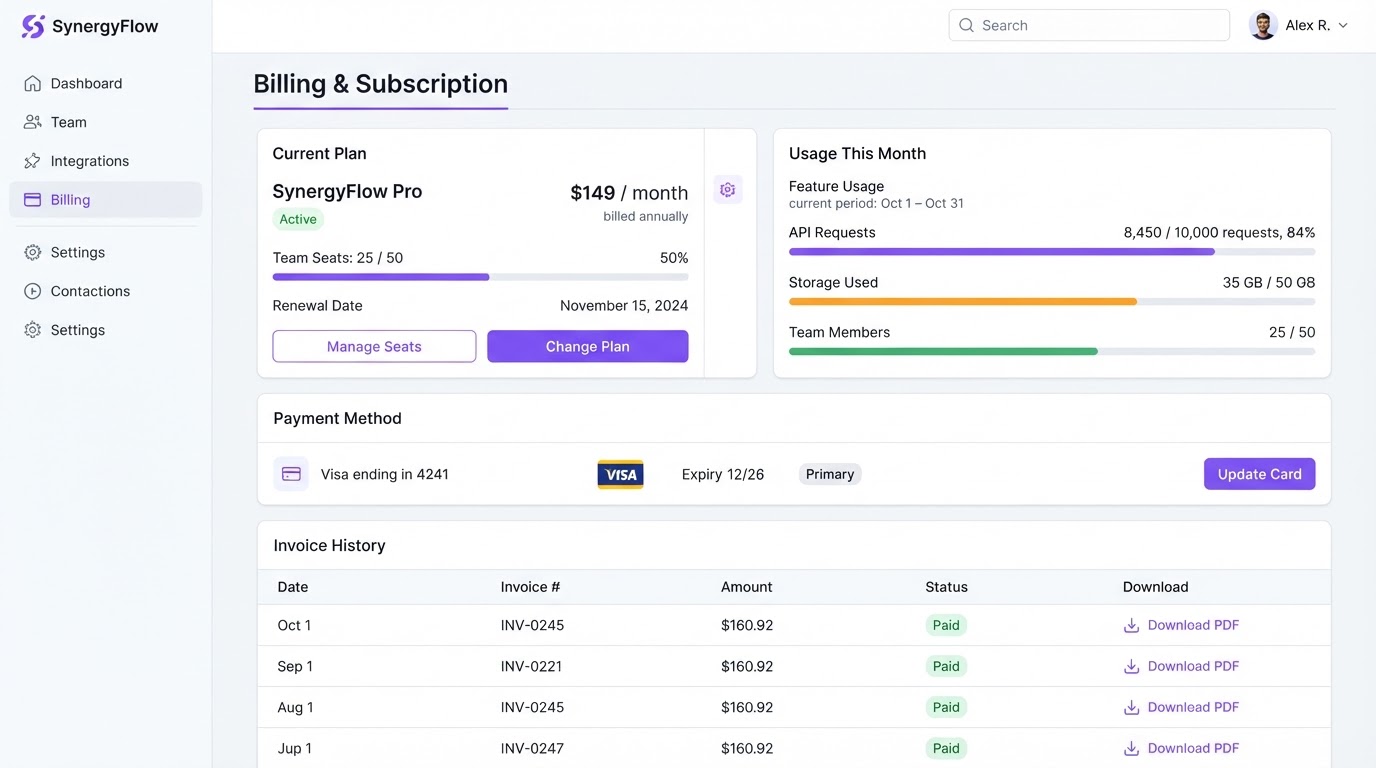 Subscription billing settings with plan seats, usage meter and invoice history