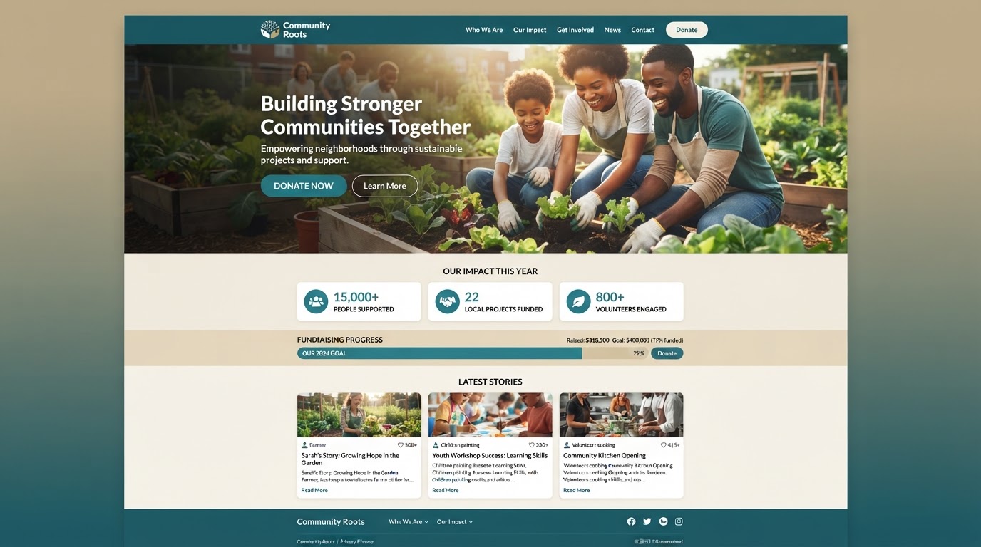 Charity homepage with a documentary hero image, donate button, impact cards and a fundraising progress bar