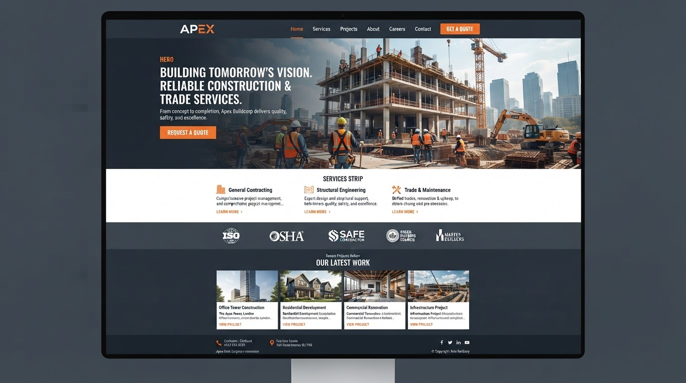 Construction company homepage with a site photograph, services strip and project gallery