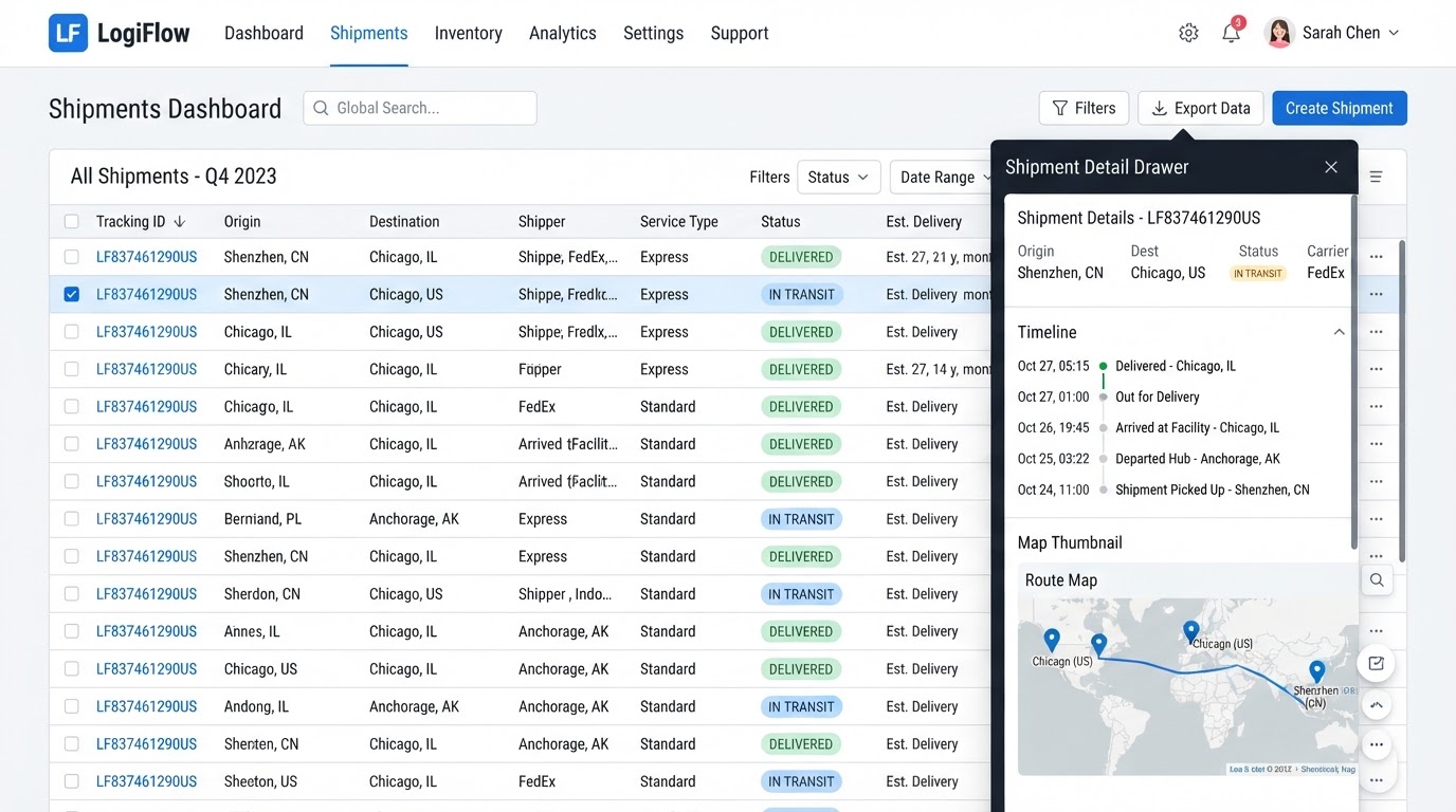 Logistics platform shipments table with tracking status and a scan-event timeline