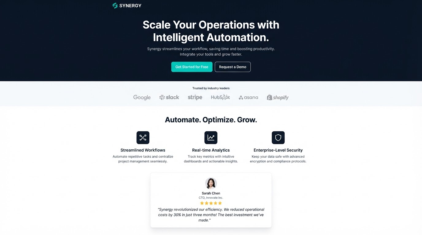 Marketing landing page with a hero headline, call-to-action buttons and feature section