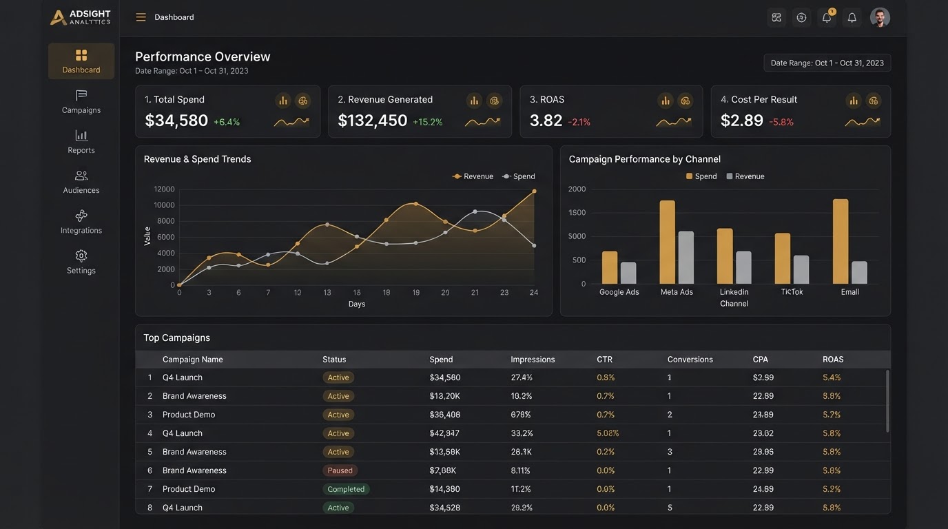 Marketing analytics dashboard showing spend, revenue, ROAS and campaign performance