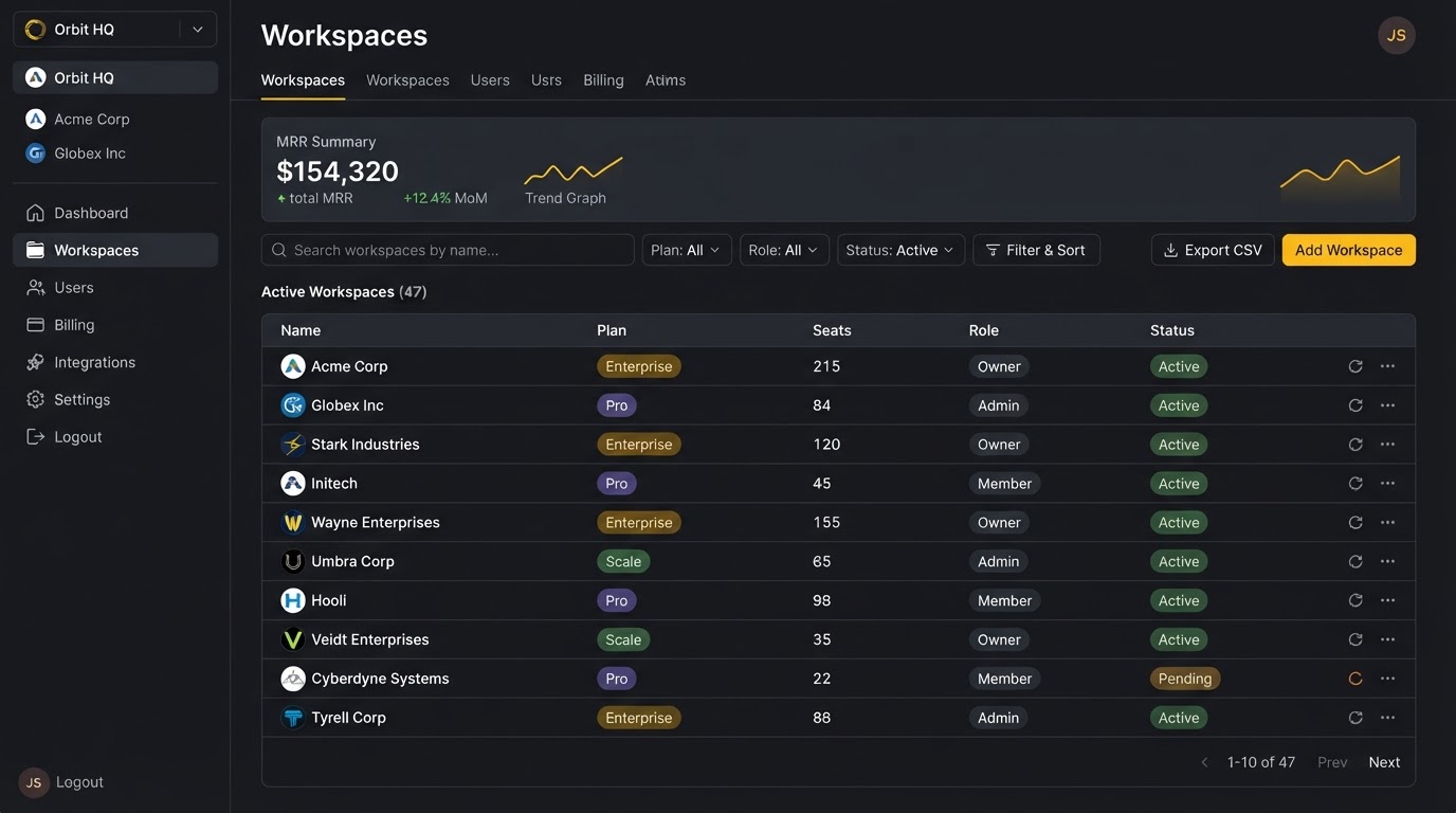 SaaS admin console listing workspaces with plans, seats, roles and status